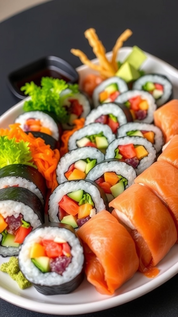 A platter of assorted sushi rolls with fish, avocado, cucumber, served with soy sauce and garnishes.